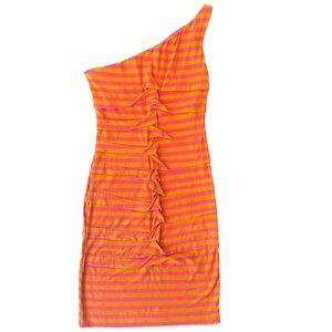 Nicole Miller pink orange striped one shoulder ruched dress S